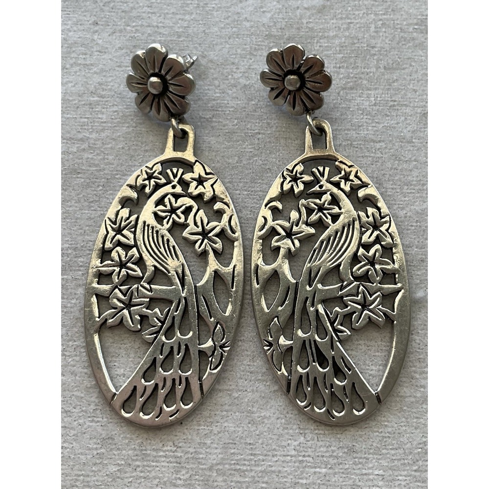 sterling silver dangle earrings Cut Out Peacock Design 925 Vintage Estate Jewelr